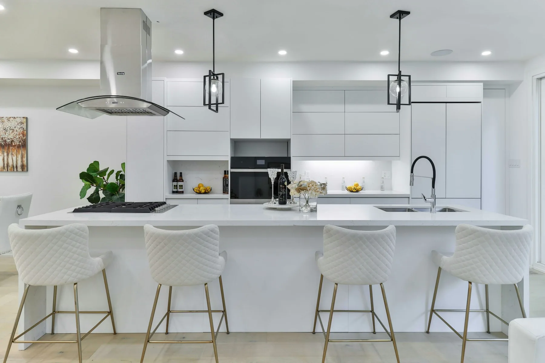 Stock design inspiration: finished white kitchen with island and pendant lighting